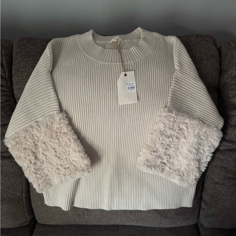 Easel Cream Sweater with Faux Fur Cuffs